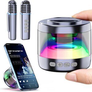 Mini Karaoke Machine with Magnetic Phone Stand, 2 Wireless Microphones